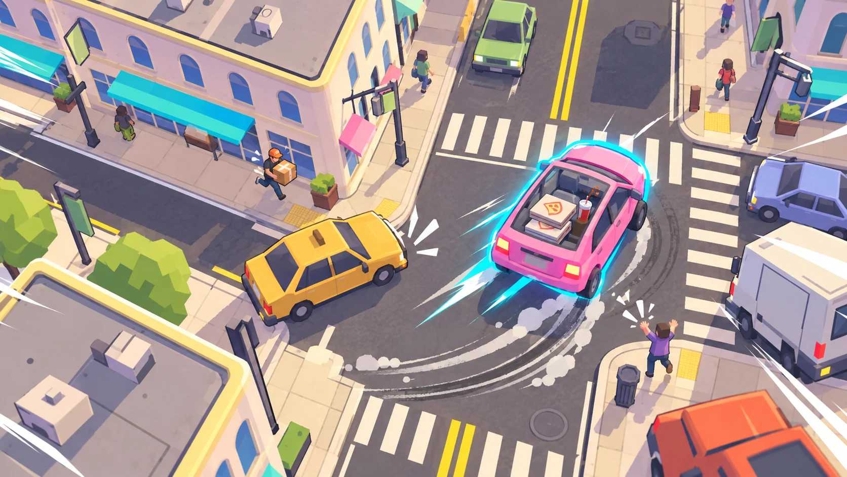 Curbwild promotional artwork: a little pink car skids through a bright cartoon intersection with pizza and parcels.