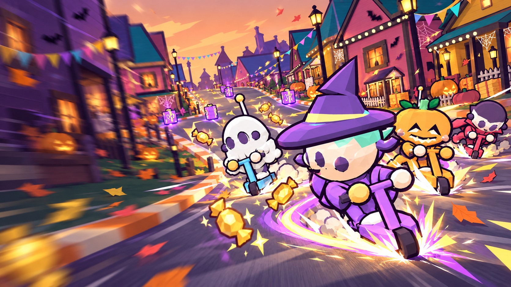 Festblock promotional artwork: a witch, ghost and pumpkin race past glowing porches on a Halloween street.